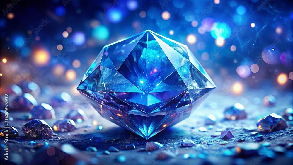 A single, large, blue diamond gleams, its facets catching the light, reflecting a kaleidoscope of colors, surrounded by smaller gems, scattered like celestial dust. A single, large, blue diamond gleams, its facets catching the light, reflecting a kaleidoscope of colors, surrounded by smaller gems, scattered like celestial dust.