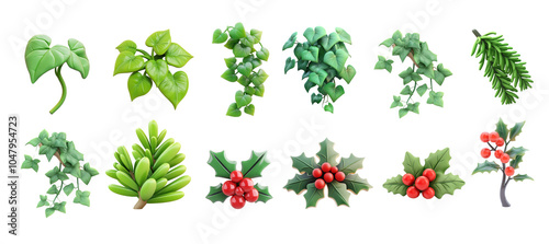 Collection of Christmas plant lvy, evergreen spruce twig, Holly 3D icon isolate on transparent background photo