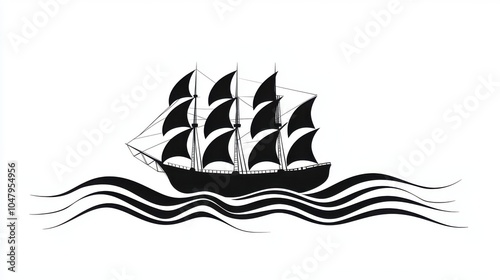 Elegant black and white illustration of a sailing ship with sails, navigating serene waves across a minimalistic background.