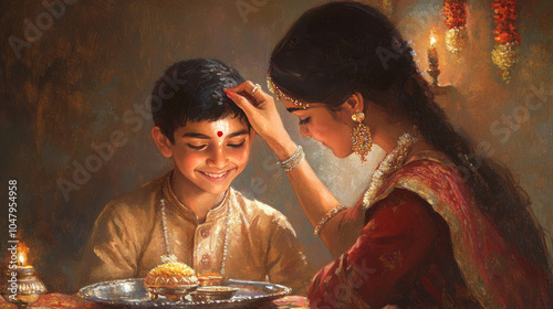 painting of a smiling sister while placing a tilak on her brother's forehead, a silver tray of offerings between them, Bhai Dooj, Ai generated images