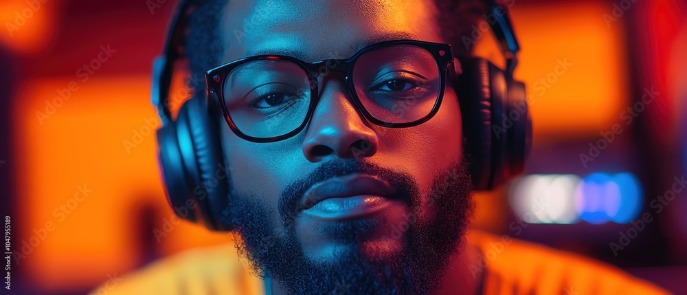 Portrait of a music producer wearing headphones, vibrant studio setup Portrait of a music producer wearing headphones, vibrant studio setup
