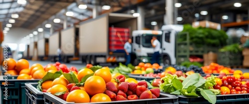 Fresh Produce Distribution Center: Oranges, Strawberries, Lettuce