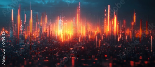 Stock market data displayed in a vibrant cityscape, with glowing charts and graphs