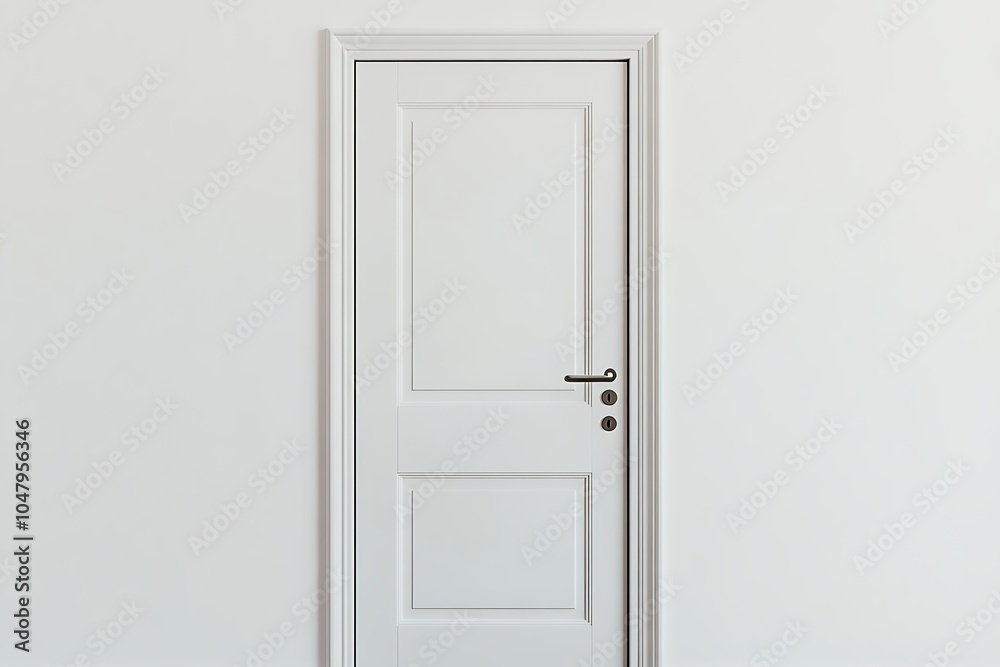 A simple white door set against a plain white wall, serving as an entryway or barrier. A simple white door set against a plain white wall, serving as an entryway or barrier.