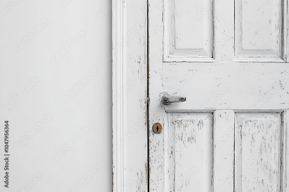 A close-up of a weathered white door with a simple handle against a plain wall. A close-up of a weathered white door with a simple handle against a plain wall.