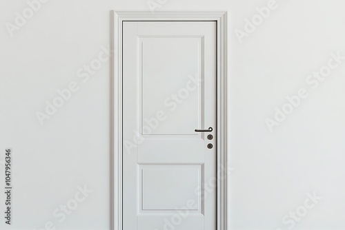 A simple white door set against a plain white wall, serving as an entryway or barrier.