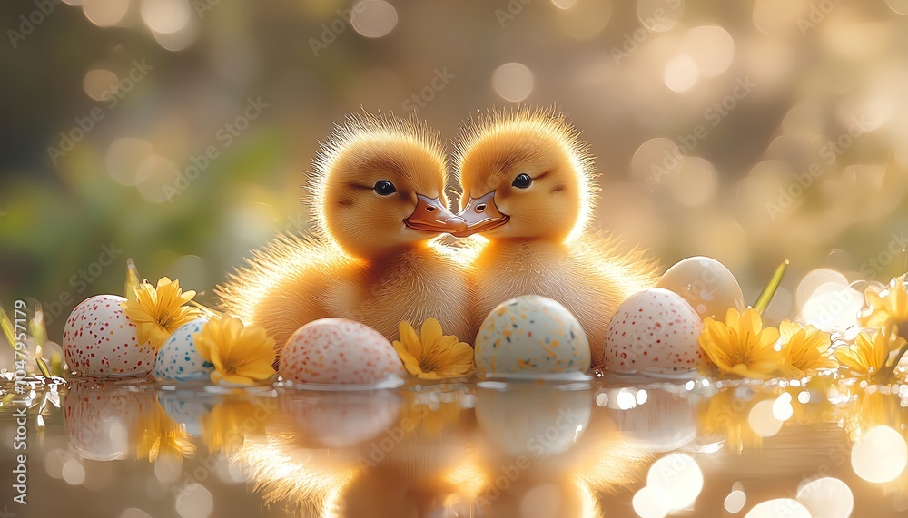 Two cute ducklings sitting near Easter eggs and spring flowers, soft light, reflecting off a peaceful pond Two cute ducklings sitting near Easter eggs and spring flowers, soft light, reflecting off a peaceful pond