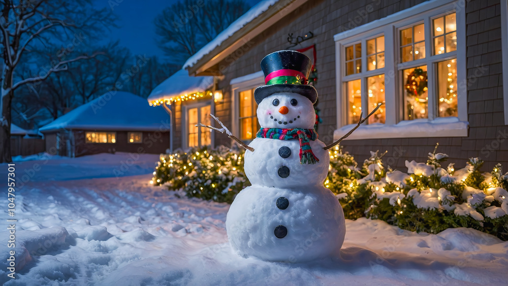 Obraz premium AI-generated images of a Christmas Snowman greeting visitors in front of a charming house with Christmas lights