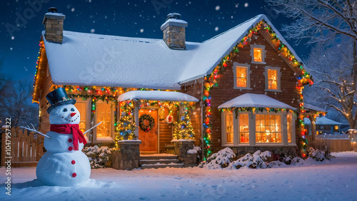 AI-generated images of a Christmas Snowman greeting visitors in front of a charming house with Christmas lights