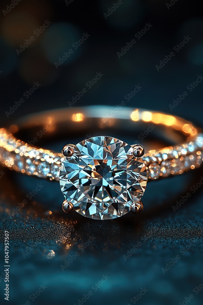 Closeup of a sparkling diamond ring with intricate detailing, resting on a dark surface Closeup of a sparkling diamond ring with intricate detailing, resting on a dark surface