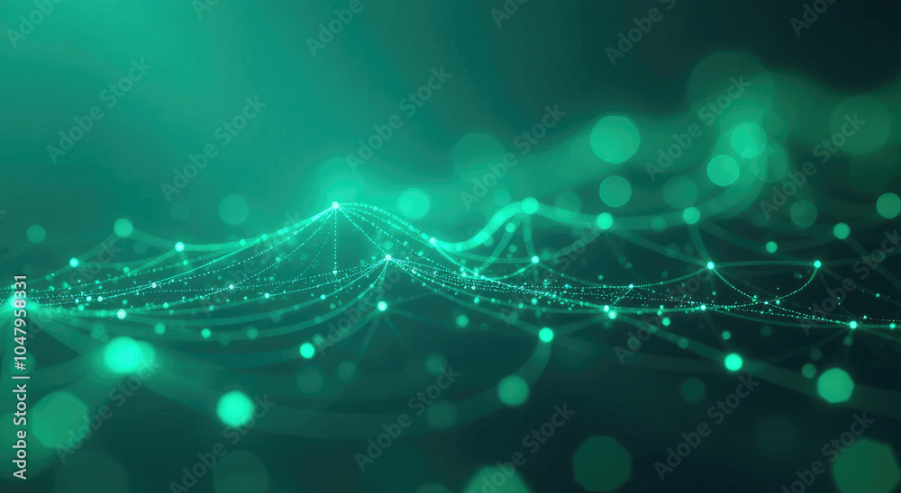 Obraz premium Abstract Digital Web: Flowing Code and Glowing Geometric Shapes in a Teal and Neon Green Network