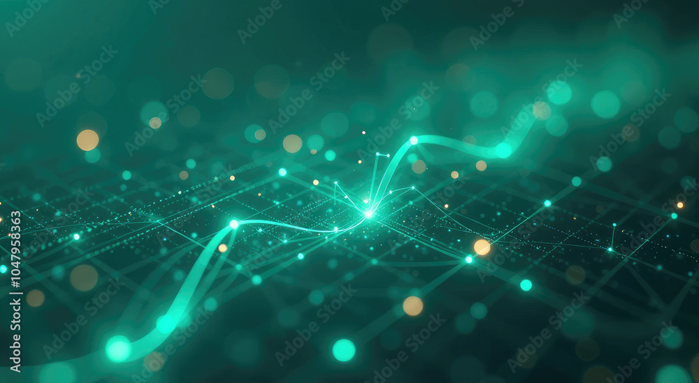 Abstract Digital Web: Flowing Code and Glowing Geometric Shapes in a Teal and Neon Green Network Abstract Digital Web: Flowing Code and Glowing Geometric Shapes in a Teal and Neon Green Network