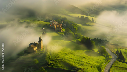 Village foggy there is fog on the hills and mountains, with houses surrounded by green grassland. Ai generative photo