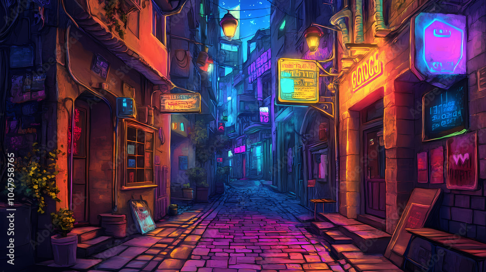 Fototapeta premium Alleyway in a futuristic city at night with neon lights. Neon City Alley. Illustration