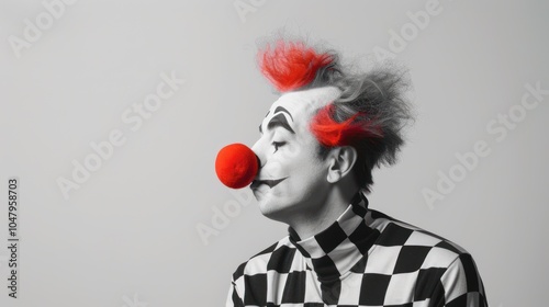 A Side Profile of a Clown with a Red Nose and Checkered Shirt photo