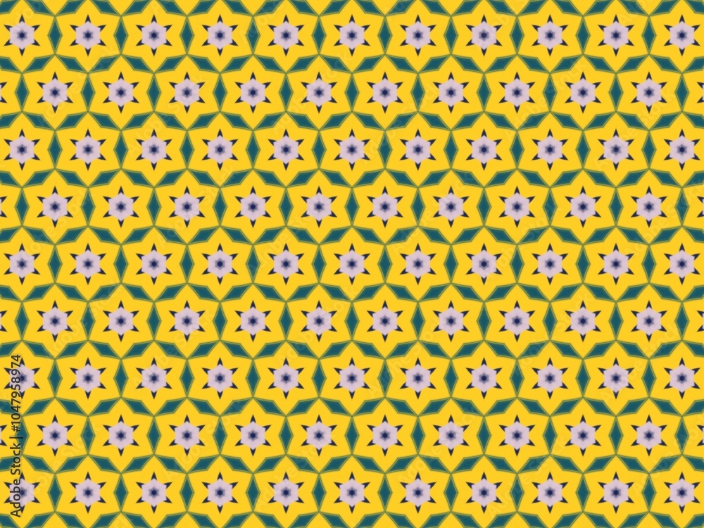 A repeating geometric pattern of yellow, teal, and lavender stars creates a vibrant, seamless background.