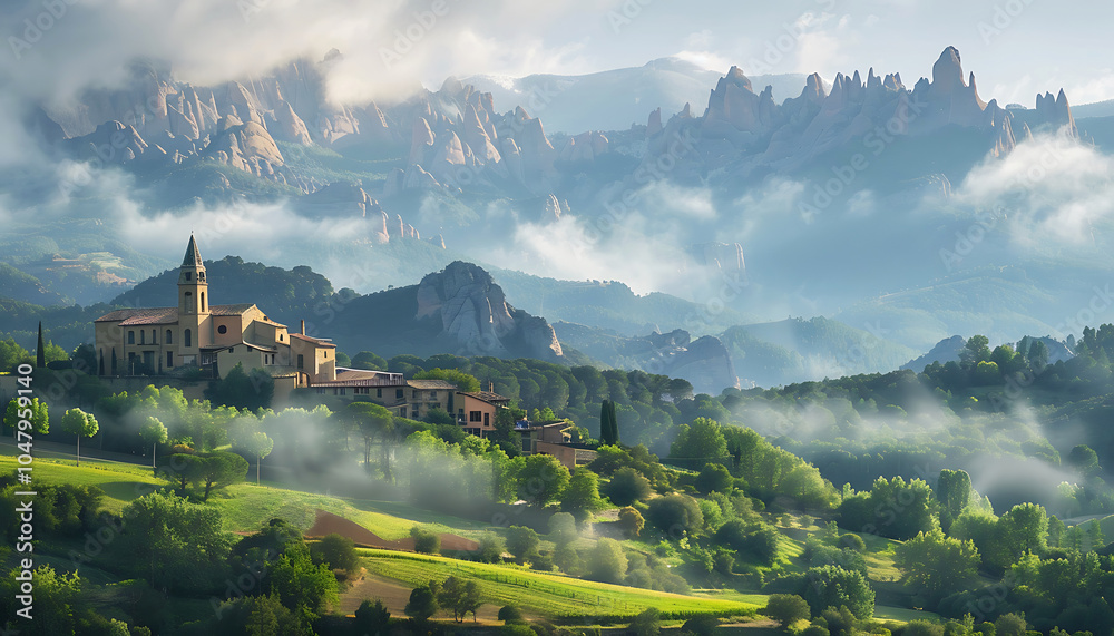 Village foggy there is fog on the hills and mountains, with houses surrounded by green grassland. Ai generative Village foggy there is fog on the hills and mountains, with houses surrounded by green grassland. Ai generative