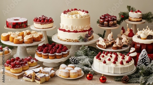 Festive Holiday Dessert Table with Cakes and Treats