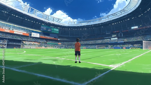 A lone soccer player stands on a green field, looking towards a packed stadium.