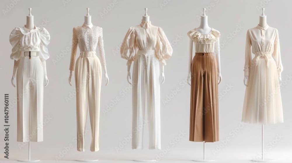 Five White Mannequins Displaying Different Clothing Styles Five White Mannequins Displaying Different Clothing Styles