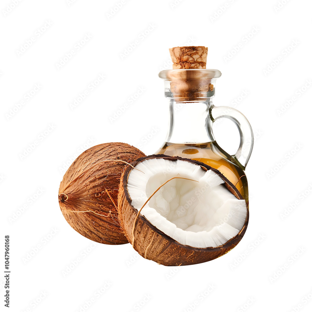 Coconut oil bottle with coconut isolated on a transparent background by AI generative Coconut oil bottle with coconut isolated on a transparent background by AI generative