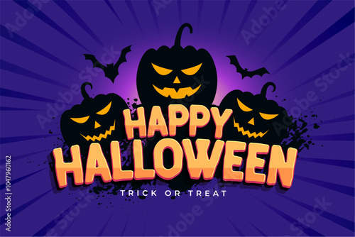 happy halloween holiday background with pumpkin and bats