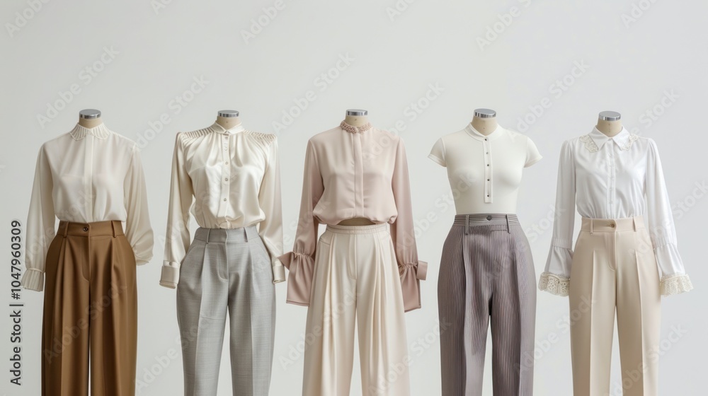 Five Mannequins Displaying Various Styles of Blouses and Pants Five Mannequins Displaying Various Styles of Blouses and Pants