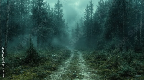 A misty forest path surrounded by tall trees and dense fog.