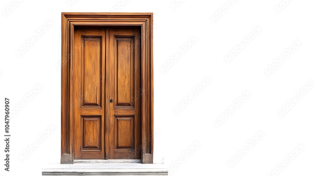 A wooden double door with a classic design, inviting entry. A wooden double door with a classic design, inviting entry.