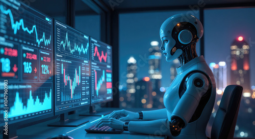 Futuristic Business Scene: AI and Holographic Financial Data in a High-Tech City Setting