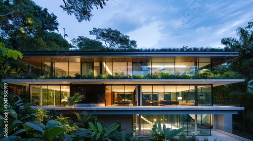 Modern Glass House with Lush Green Foliage in Twilight