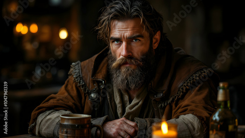 Intense Portrait of a Bearded Man in Rustic Setting