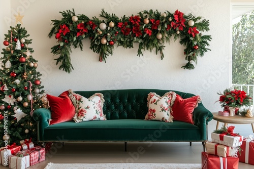 Festive Christmas-themed living room with a dark green velvet couch decorated with Christmas themed pillows