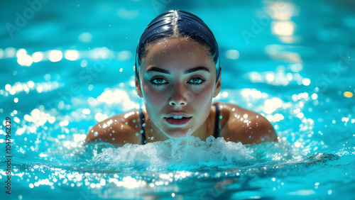 Woman Swimming in a Bright Blue Pool Water