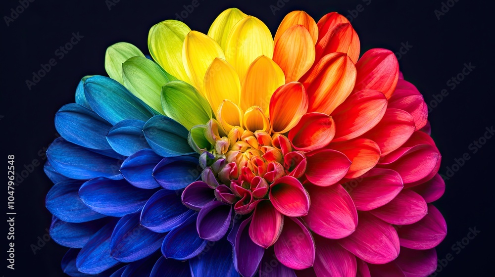 A vibrant rainbow flower with petals in striking hues, radiating beautiful colors from yellow to blue against a dark background. A vibrant rainbow flower with petals in striking hues, radiating beautiful colors from yellow to blue against a dark background.