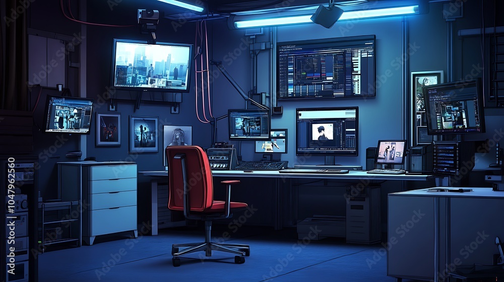 Dark Blue Office Interior with Multiple Monitors and a Red Chair. Dark Blue Office Interior with Multiple Monitors and a Red Chair.