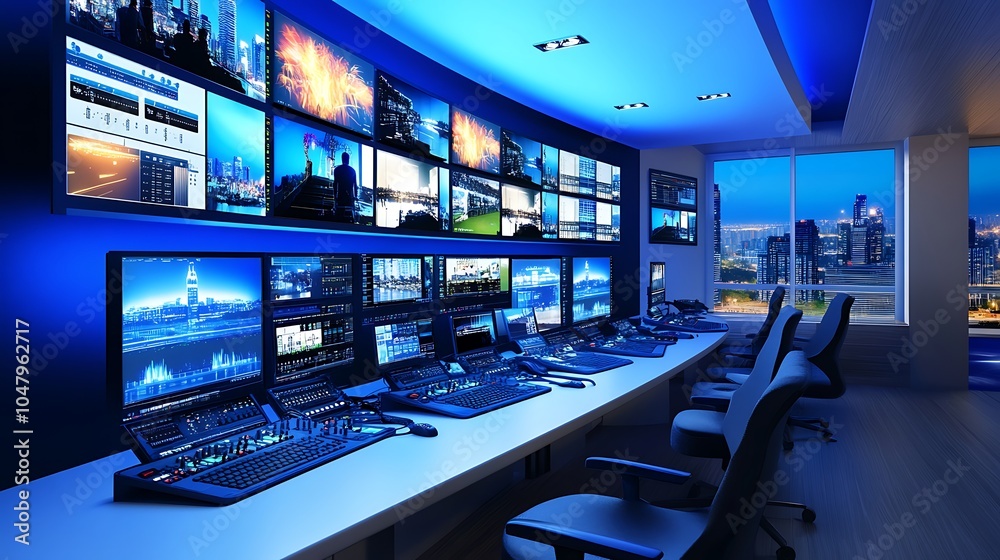 Modern Broadcast Control Room with City View at Night. Modern Broadcast Control Room with City View at Night.