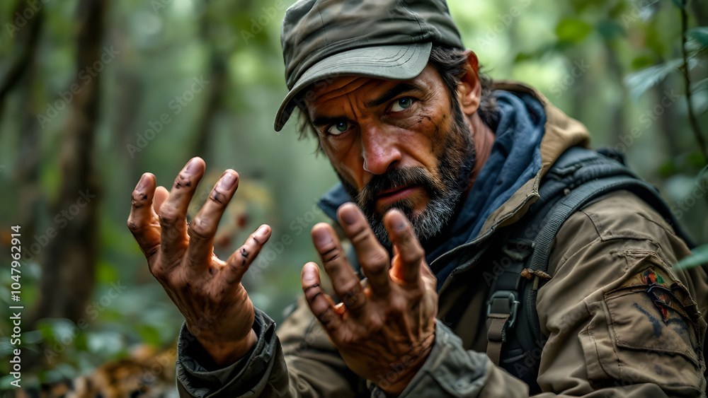 Obraz premium Explorer in Forest with Muddy Hands