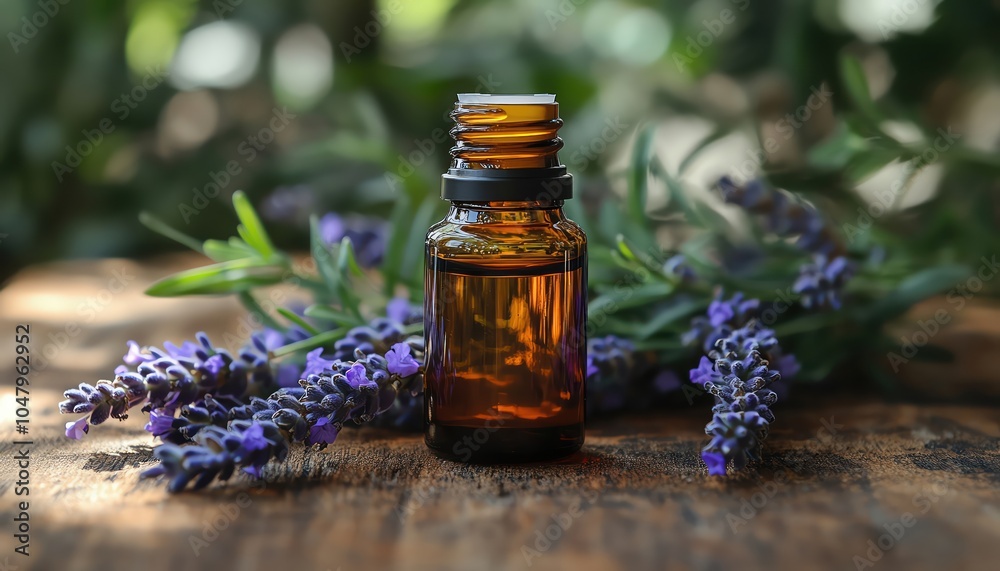 Small amber bottle of essential oil surrounded by fresh lavender sprigs on a rustic wooden surface Small amber bottle of essential oil surrounded by fresh lavender sprigs on a rustic wooden surface