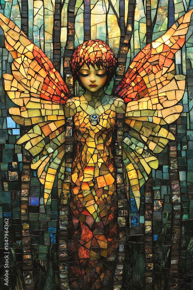 Obraz premium Enchanting mosaic fairy in a forest of colorful stained glass celebrating nature's beauty and mystical creatures