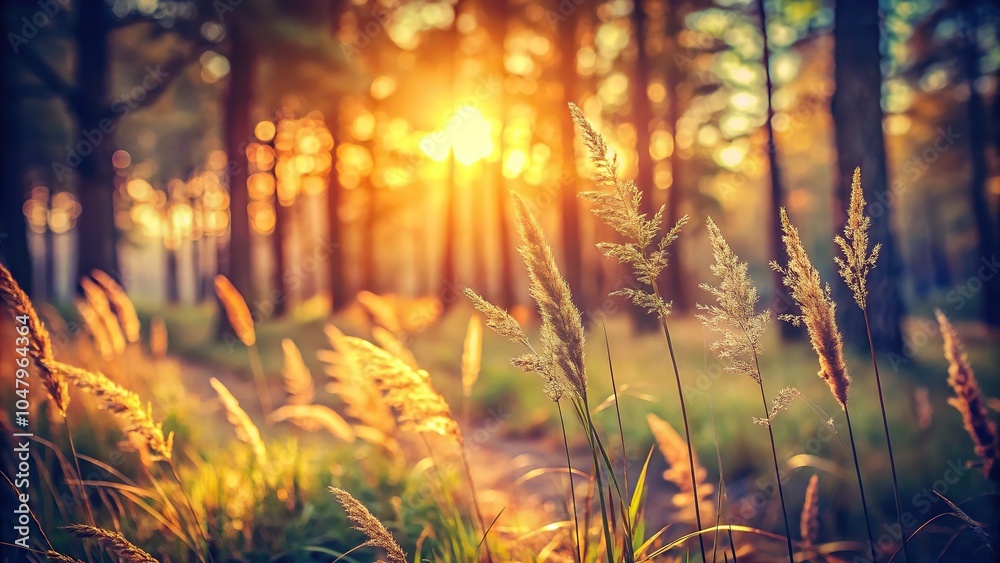 Symmetrical wild grass in forest at sunset, macro shallow depth of field abstract summer nature background with vintage filter Symmetrical wild grass in forest at sunset, macro shallow depth of field abstract summer nature background with vintage filter