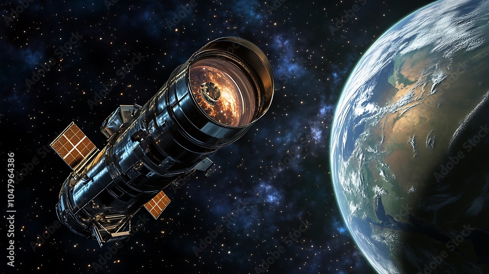 A futuristic satellite with a powerful camera lens orbits Earth, capturing stunning images of our planet. A futuristic satellite with a powerful camera lens orbits Earth, capturing stunning images of our planet.