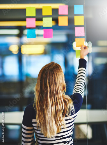 Konstfotografi Back, creative and woman with notes on glass wall for planning, future ideas and schedule session