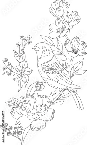 bird is sitting on a tree branch with flowers.