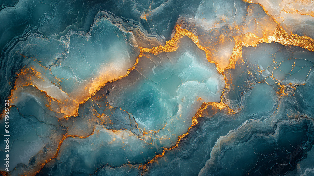 Further exploration of the marble, zooming in on a dramatic contrast between jagged gold highlights and smooth teal surfaces Further exploration of the marble, zooming in on a dramatic contrast between jagged gold highlights and smooth teal surfaces