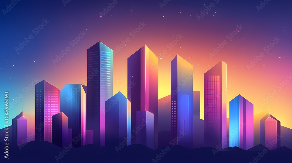 Neon Cityscape at Sunset. Illustration background for presentation and wallpaper Neon Cityscape at Sunset. Illustration background for presentation and wallpaper