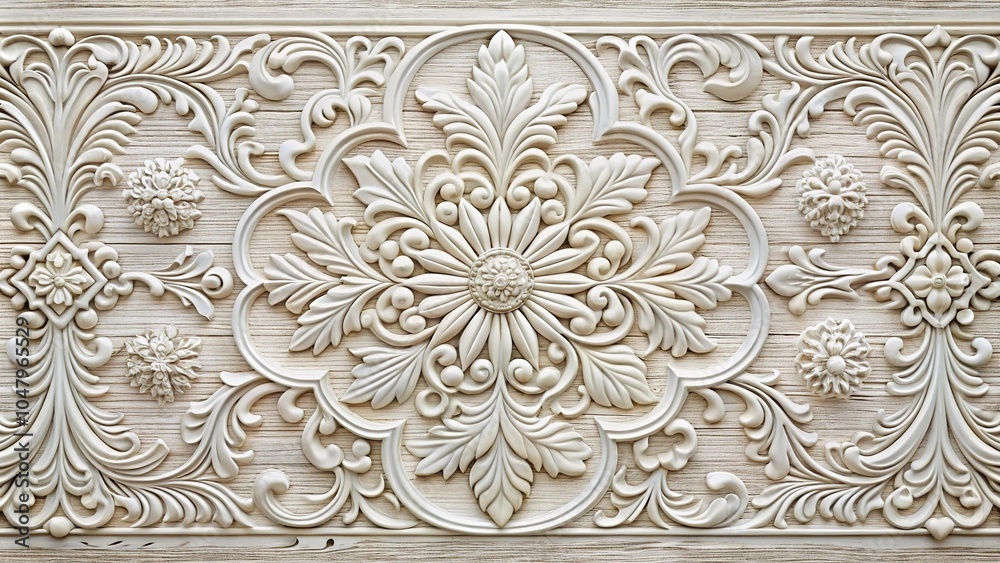 Obraz premium Symmetrical white wooden textures with decorative carving and fine detailing