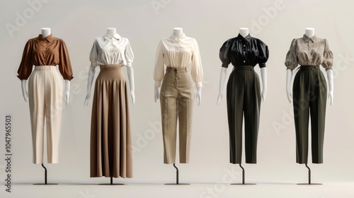 Five Mannequins Displaying Various Styles of Shirts and Trousers photo