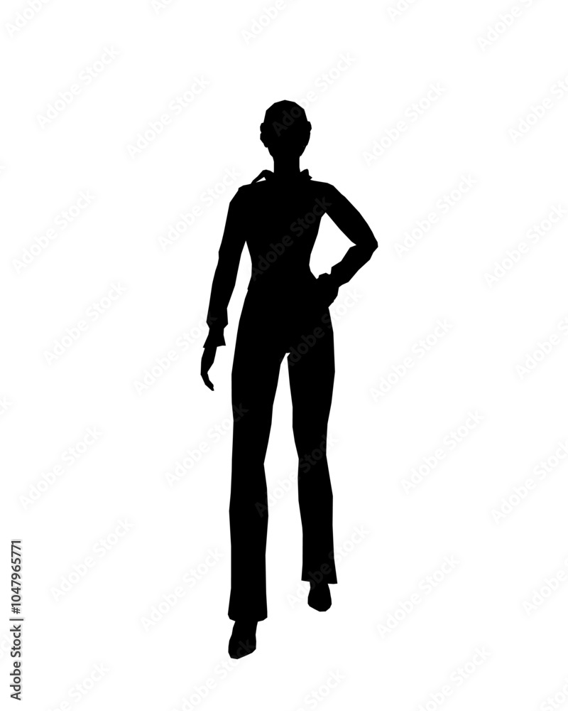 Silhouette of a girl in trousers, shirt and glasses. The girl stands with one leg forward and one hand on her hip. Vector illustration. Silhouette of a girl in trousers, shirt and glasses. The girl stands with one leg forward and one hand on her hip. Vector illustration.