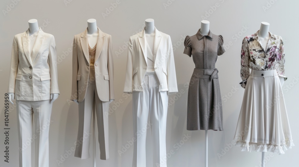 Five Mannequins Displaying Different Styles of Women's Clothing Five Mannequins Displaying Different Styles of Women's Clothing